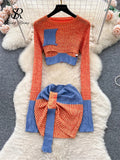 Yipinpay Autumn Patchwork Knitted Two Pieces Sets Long Sleeves Hollow Out Slim Pullover+Mini Skirt Fashion Y2K Sweater Suits