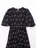 Yipinpay New Fashion Women Floral Embroidery Black Midi Dress Vintage Puff Sleeve O Neck Female Dress