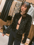 Yipinpay Lace-up Sequined Jacket Women Y2K Tie-front Shiny Chic Cropped Coat Female Elegant Long Sleeve Lady Party Outerwear