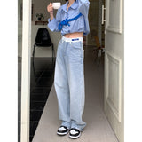 yipinpay Blue Women's Jeans High Waist Vintage Straight Baggy Denim Pants Streetwear Chic Design Fashion Wide Leg Denim Trouser