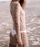 Yipinpay Fashion Women Cover-Up Dress Long Sleeve See-Through Pearls Slim Fit Summer Beach Dress Hot Sale S M L