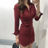 Yipinpay OL Retro All-match Temperament Pink Lapel Single Breasted Wrap Hip Dress Mini Slim High Waist Solid Vestido Mujer Shirts