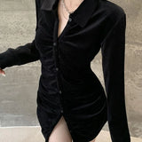 Yipinpay Mujer De Moda Sexy Vintage Black Velvet Shirt Women Pleated Slim Long Sleeve Tops 2023 Fall Camisas Single Breast Blouse