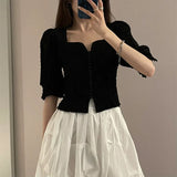 Yipinpay for Women Sexy V Short Sleeve T-shirts Black Crop Tops French Vintage Puff Off Shoulder Fold Tee Wild Casual Tshirt