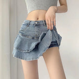 Yipinpay Sexy Ruffle Mini Skirt Denim Women Summer Vintage Cute High Waist Patchwork A-line Short Jeans Skirt Gyaru Streetwear