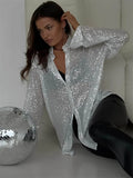 Yipinpay Sequin Loose Fashion Shirts Female Casual Lapel Cardigan Summer Clothes New Outwear Glitter Party Blouse Luxury Women's