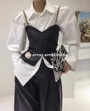 Yipinpay Loose Bubble Sleeved Shirt Y2k White Shirts Women Chain PU Leather Vest Top Blusas Mujer De Moda 2023 Casual 2 Sets