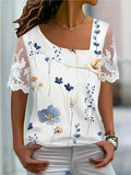 Yipinpay Women's Fashion White Blouses 2024 Summer Lace Short Sleeve Tops T-Shirt Casual Buttons Office T-shirt Shirt Top Femme Clothing