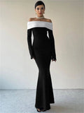 Yipinpay Off-Shoulder Patchwork Slim Maxi Dress For Women Long Sleeve High Waist Elegant Backless Party Dress Female Autumn Outfit