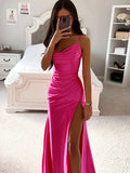 Yipinpay Satin Backless Side Split Maxi Dress Women 2024 Summer Sexy Slim Off Shoulder Ruched Bodycon Female Party Evening Dresses