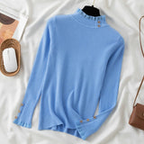 Yipinpay High Neck Knit Sweater Women's Autumn/Winter 2024 New Button Spliced Lace Fungal Edge Top Long Sleeve Slim Bottoming Shirt