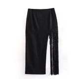 Yipinpay Tassel Slit Midi Skirt Woman Summer Black Long Skirts For Women Fashion 2023 High Waist Skirt Sets Elegant Women's Skirts