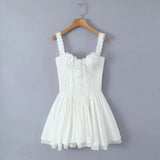 Yipinpay Sexy Women French Style Spliced Lace Sling Dress Vintage Cross Bandage Back Low Waist Swing Ladies A-line Party Mini Robe