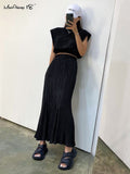 Yipinpay Elegant Summer Skirts Suit With Women Tank Top And Long Skirts 2 Piece Outifts Pleated Skirt Two Piece Vacation Sets