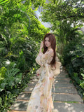 Yipinpay Vintage Dresses Women Temperament French Style Floral Printed Fashion V Neck Bandage Flare Long Sleeve Elegant Dress