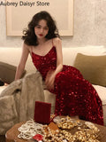 Yipinpay sequin midi dress women elegant v-neck Mermaid formal occasion dress summer vintage casual slim evening party slip dress