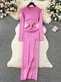 Yipinpay Streetwear Knit Split Dress O Neck Long Sleeves Slim Fit France Elegent Ladies Autumn Evening Party Bodycon Long Dress
