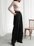Yipinpay Pleated Elegant Wide Leg Pants Women High Waist Floor-Length Palazzo Trousers With Pocket Fashion Lady Office Pants
