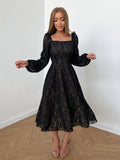 Yipinpay Jacquard Black A-Line Dress Women Lantern Sleeve Flowing Elegant Dresses Office Chic Long Dress Ruched Autumn 2023