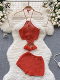 Yipinpay Bohemian Knit Two Pieces Suits Women Lace Up Halter Tassel Backless Tops+Hook Flower Hollow Out Shorts Sexy Beach Sets