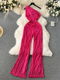 Yipinpay American Retro Sequin Jumpsuit Diagonal Collar Solid Long Wide Legs Pants Romper Elegant Backless Sexy Party Jumpsuits