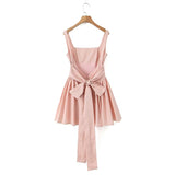 Yipinpay 2024 Women Sweet Tie Bow Sashes Sexy Backless Dress Waist Spliced Pleated Swing Party Mini Robe