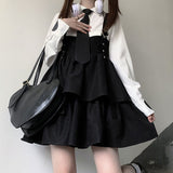 Yipinpay Kawaii Black Lolita Dress Women Ruffle Layered Japanese Sleeveless Strap Cute Mini Dress Preppy Style School Sundress