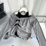 Yipinpay Women Two Pieces Set Halter Top Korean Fashion Gyaru Long Sleeve Crop Tops T-Shirts Y2k Streetwear Tees Coquette Girl New