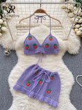 Yipinpay Strawberry Sweet Beach Two Pieces Sets Halter Backless Camis+Short Skirts Fashion Hook Flower Hollow Out Beach Suits
