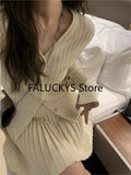 Yipinpay Two-piece Solid Skirt Sets Women V-neck Long Sleeves Knitted Cardigan + Mini Pleated Skirt Autumn Y2K Korean Chic Suit