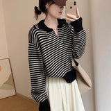 Yipinpay Sweater Female 2024 Korean Women Autumn Academy Sweater Loose and Slim Versatile Striped Top Long Sleeve Knit Sweater