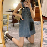 Yipinpay Korean 2000s Fashion Denim Dresses for Large Women Plus Size Summer Casual Teen Strap Retro Jeans Loose Overall Dress Women