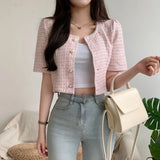 Yipinpay Shirts Tweed Short Sleeved Coat Tops Women's Single Breasted Pink Plaid Cardigan Beaded Crop Jackets Summer Y2k