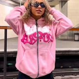 Yipinpay Unisex Y2K American Retro Zip Up Hoodies Grunge Long Sleeve Letter Print Oversized Sweatshirts Jacket Streetwear Tops