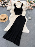 Yipinpay Summer Hollow Out Knitted Suits Women Strap Loose Camisole+A Line Long Skirts Sets 2024 Vacation Beach Two Pieces Sets