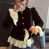 Yipinpay Mujer Vintage Button Black Velvet Shirt Ruffled Flare Full Sleeve Asymmetric Tops Y2k Cardigan Jacket Women Blouse