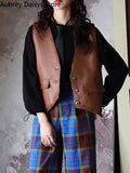 Yipinpay V-neck Leather Vest Women Korean Fashion Cropped Streetwear Vest Leather Vintage Casual Sleeveless Leather Outwear 2023 New