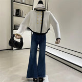 Yipinpay Fragrance Cropped Metal Double Breasted Jacket Chic Korean Clothes Irregular Sweaters for Women 2023 Knitted Cardigan