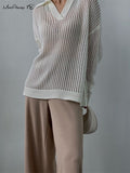 Yipinpay Casual Perspective Knitted Pullover Tops Women Lapel Loose White Blouses Autumn 2023 Casual Office Ladies Knitwear