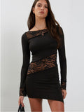 Yipinpay MO Elegant Patchwork Lace See Through Sexy Mini Dress Women'clothing Longsleeves Slim Black Dress Party Birthday Robe