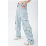yipinpay Women's Straight Cargo Jeans High Waist American Streetwear Vintage Pants Chic Design Casual Ladies Denim Wide Leg Trouser