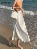 Yipinpay Summer New Women's Skirts Fashion Elegant Acetic Acid Fabric Midi Length High Waist Streetwear Satin Thin White Woman Skirt