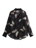 Yipinpay New 2024 Women Butterfly Print Shirt Long Sleeve Lapel Collar Ladies Casual Chiffon Blouse Loose Blusas Mujer