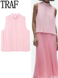 Yipinpay Pleated Chiffon Blouses Women Sleeveless Pink Top Female Loose Summer Blouses Woman 2023 Fashion Elegant Chic Woman Top