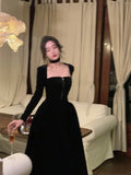 Yipinpay Vintage Velvet Midi Dress Woman Black Elegant Evening Party Dress Casual One Piece Dress Korean Fashion 2023 Autumn Slim