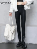 Yipinpay Autumn Winter Women's Pants Leather Leggings Female Warm High Waist Push Up Fleece PU Pants Black Tights Sexy Free Shipping
