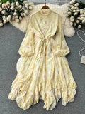 Yipinpay France Retro Loose Dress Floral Long Lantern Sleeves Beading Irregular Ruffles Elastic Lace Up Women Vintage Dress