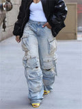 Yipinpay Simenual 2000s Aesthetics Multi Pockets Loose Denim Long Pants Casual Grunge Punk Holes Straight Trousers Y2K Streetwear Jeans