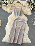 Yipinpay Sexy Hollow Out Rainbow Set Knitted Mini Camis Hight Waist Knit Mid Dress Women Streetwear Fashion Two Pieces Suits