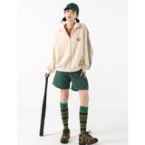 yipinpay Women Apricot Stripe Outwear Sweatshirt Embroidery Fashion Hip Hop Leisure Loose Winter New Cardigan Long Sleeves Coat Tops